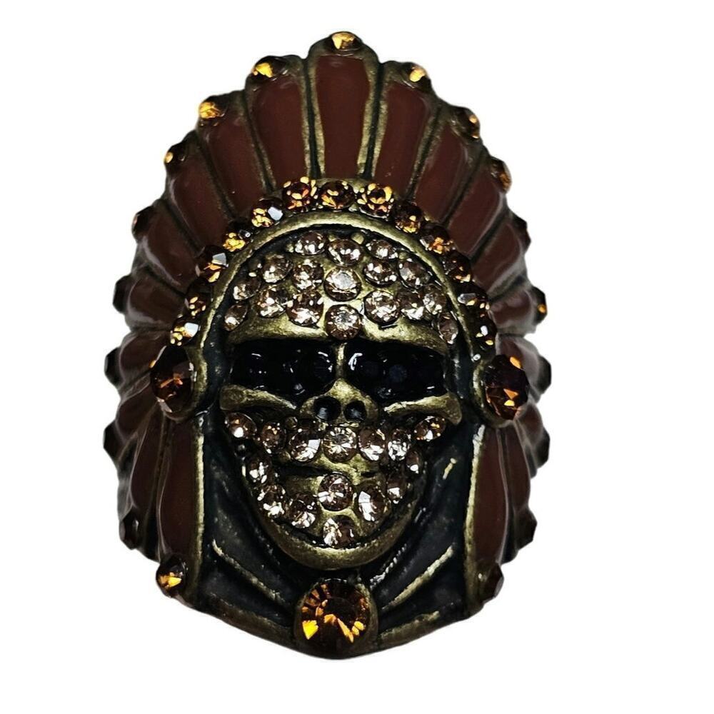 Indian‎ Chief Skull Brown Rhinestones Sz7 unisex bling ring. Motorcycle. Dark.